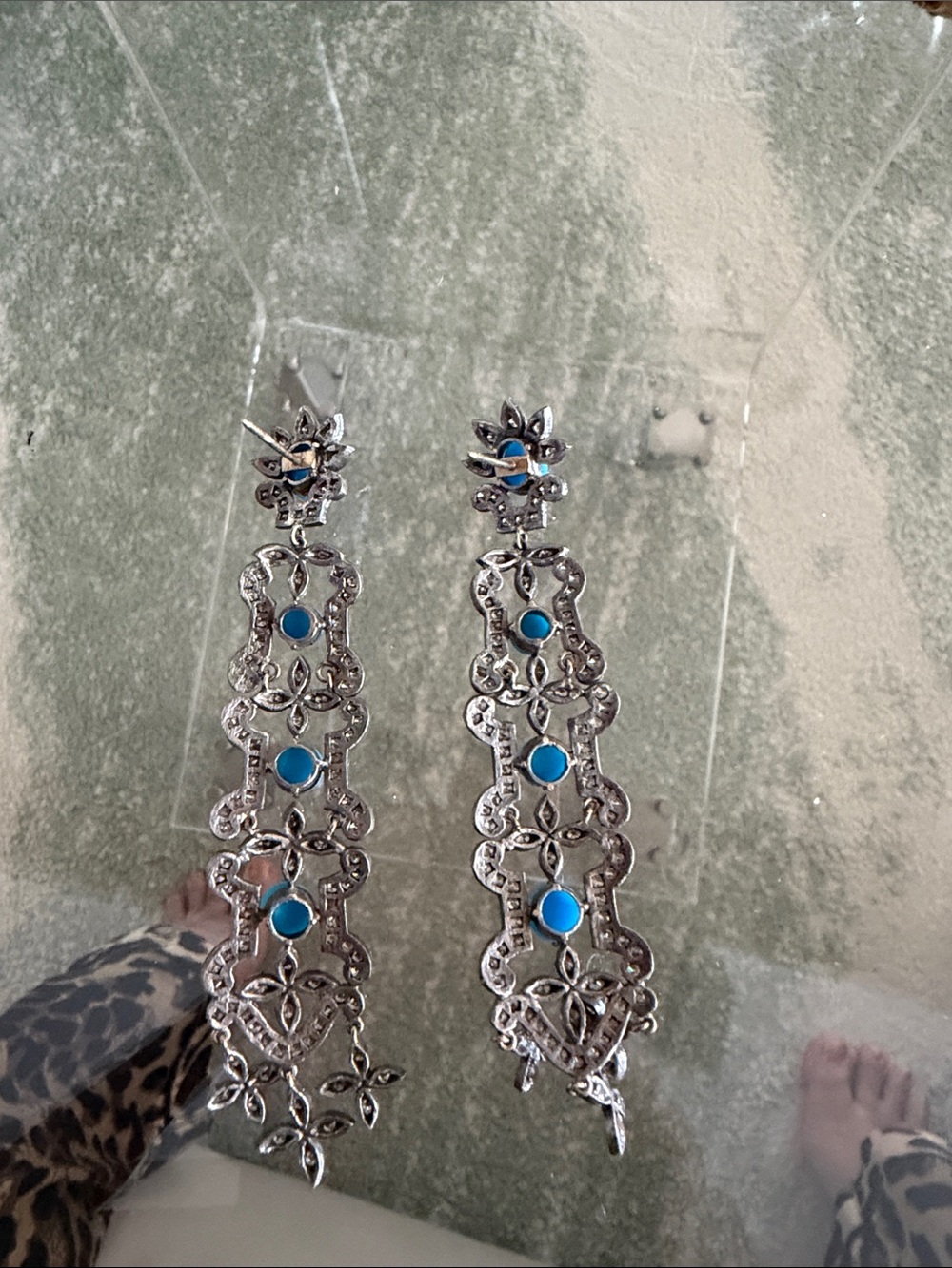 Silver Filigree Drop Earrings with Turquoise Accents - Picture 6 of 7